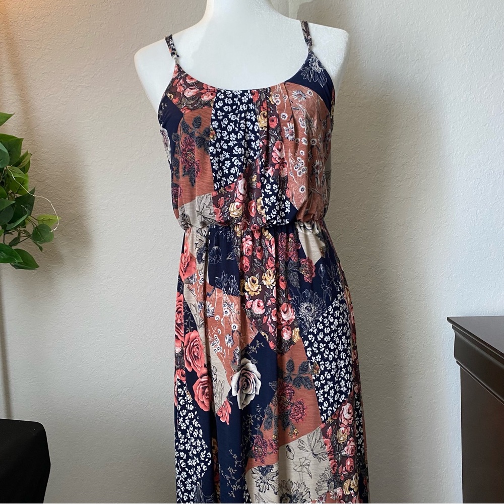 NAÏF Floral Patchwork Maxi Dress with straps and cinched waist